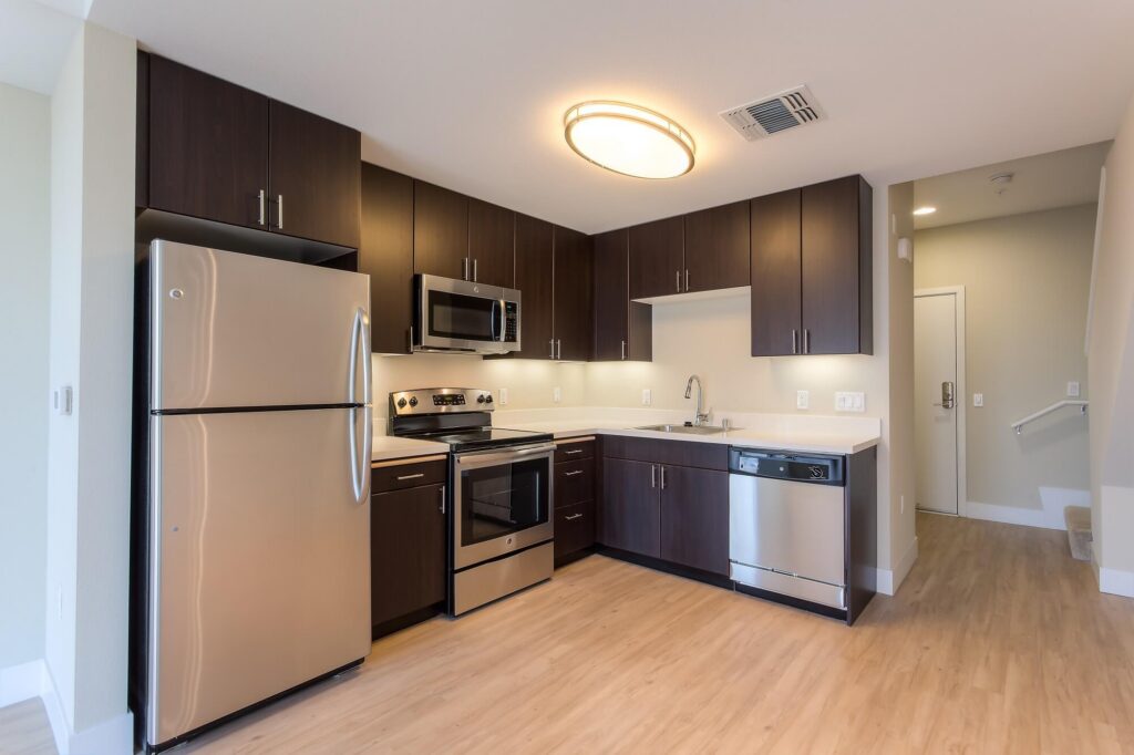 Modern kitchen with dark cabinets, stainless steel appliances including fridge, stove, microwave, and dishwasher, light wood flooring, white walls, and a round ceiling light. Entryway visible in the background.