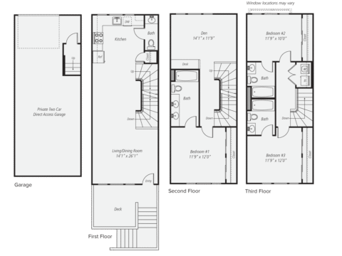 Black and white floor plan of a three-story townhouse with garage, kitchen, living/dining area, four bathrooms, three bedrooms, deck, and labeled rooms on each floor. Stairs connect all levels.