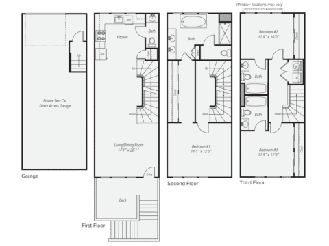 Three-level townhouse floor plan with a garage, living/dining room, kitchen, three bedrooms, three bathrooms, and a deck. First floor: garage and entry. Second floor: living/kitchen/bath. Third floor: three bedrooms and two baths.