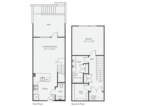Two-story floor plan with kitchen, living/dining room, and bath on the first floor; bedroom, two baths, walk-in closet, and laundry on the second floor. Deck attached to living/dining room. Stairs connect both floors.