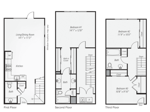 Three-story townhouse floor plan with labeled rooms: living/dining, kitchen, and bath on the first floor; two bedrooms, bath, and walk-in closet on the second; bedroom, bath, linen, and egress on the third floor.