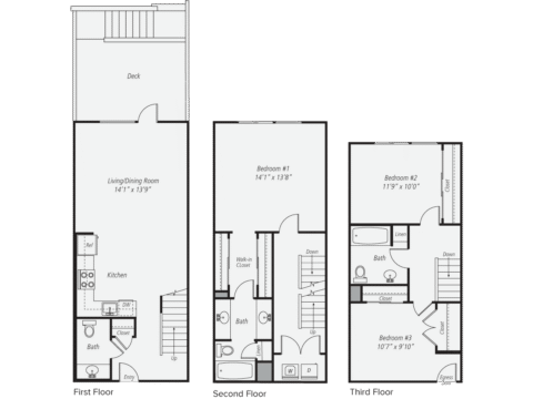 Three-floor townhouse floor plan with kitchen, living/dining area, and bath on the first floor; two bedrooms and two baths on the second and third floors; deck attached to the living/dining room.