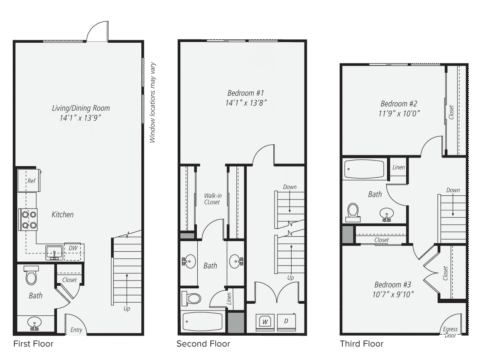 Black and white floor plans for a three-story townhouse showing room labels, dimensions, kitchen, bathrooms, closets, and stairs on each floor.